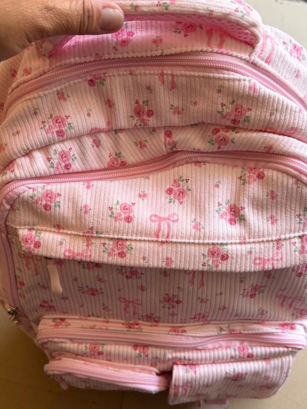 Pink Floral Women's Backpack - Charming Rose Print corduroy